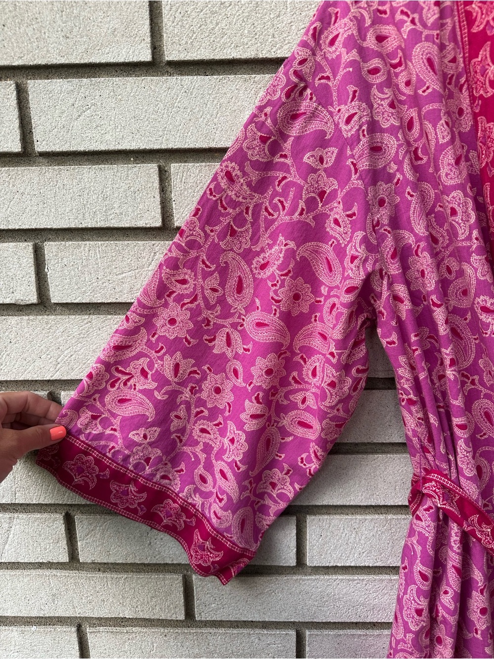 Knox Rose Paisley Kimono Robe Pink Cotton Rayon Tie Belt NWT M/L Lounge - Picture 7 of 12